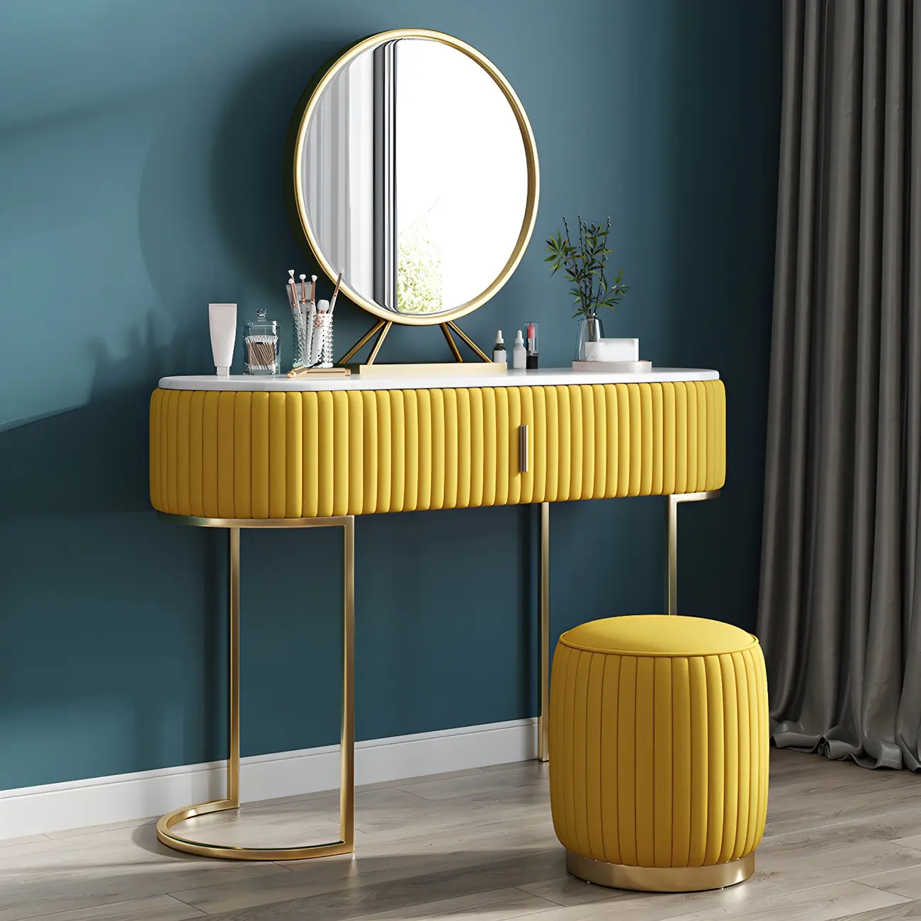 Modish Metal Yellow Makeup Vanity Set with Mirror Image - 1 | homeyfad