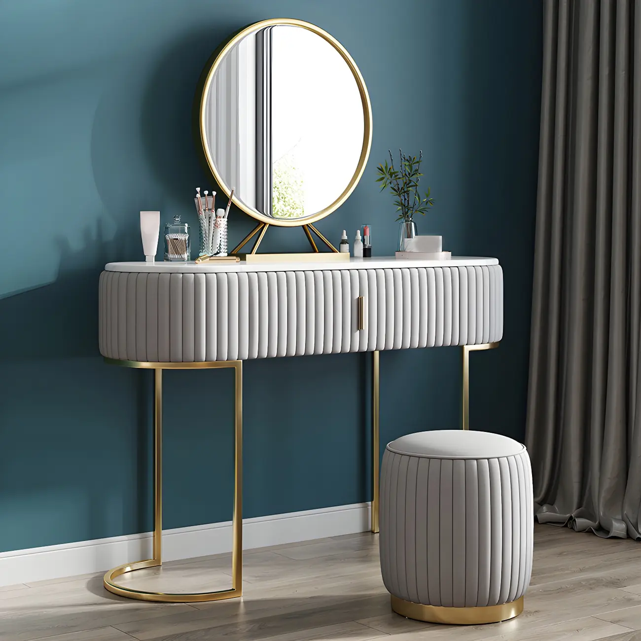 Modish Metal Yellow Makeup Vanity Set with Mirror Image - 2 | homeyfad