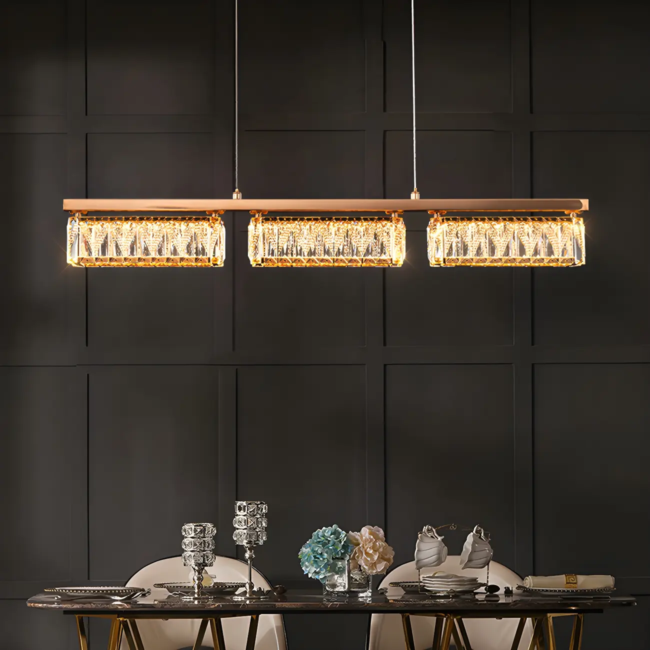 Kitchen Modern Crystal Gold Rectangular Pendant Light Image - 2 | homeyfad