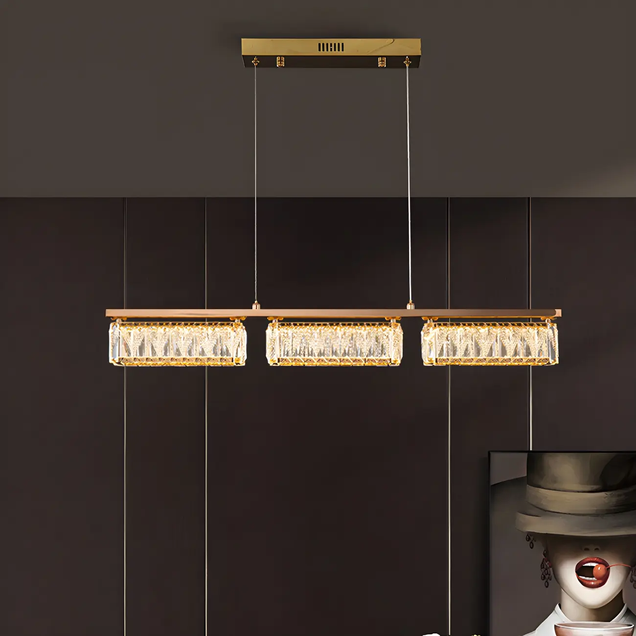 Kitchen Modern Crystal Gold Rectangular Pendant Light Image - 1 | homeyfad