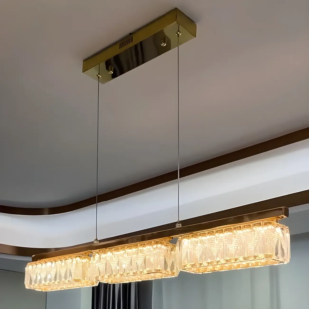 Kitchen Modern Crystal Gold Rectangular Pendant Light Image - 3