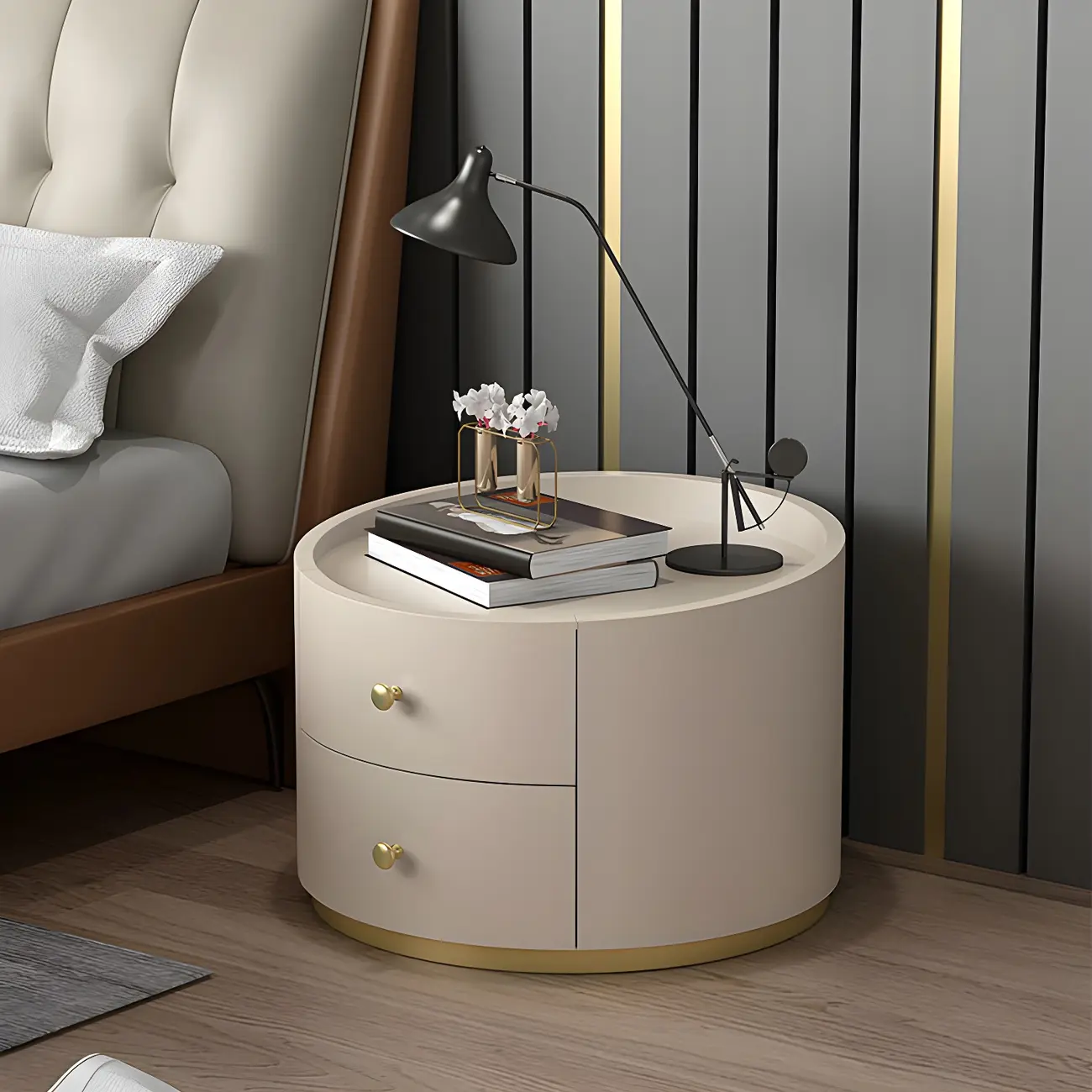 Glam Manufactured Wood Round 2-Drawer Nightstand Image - 2 | homeyfad