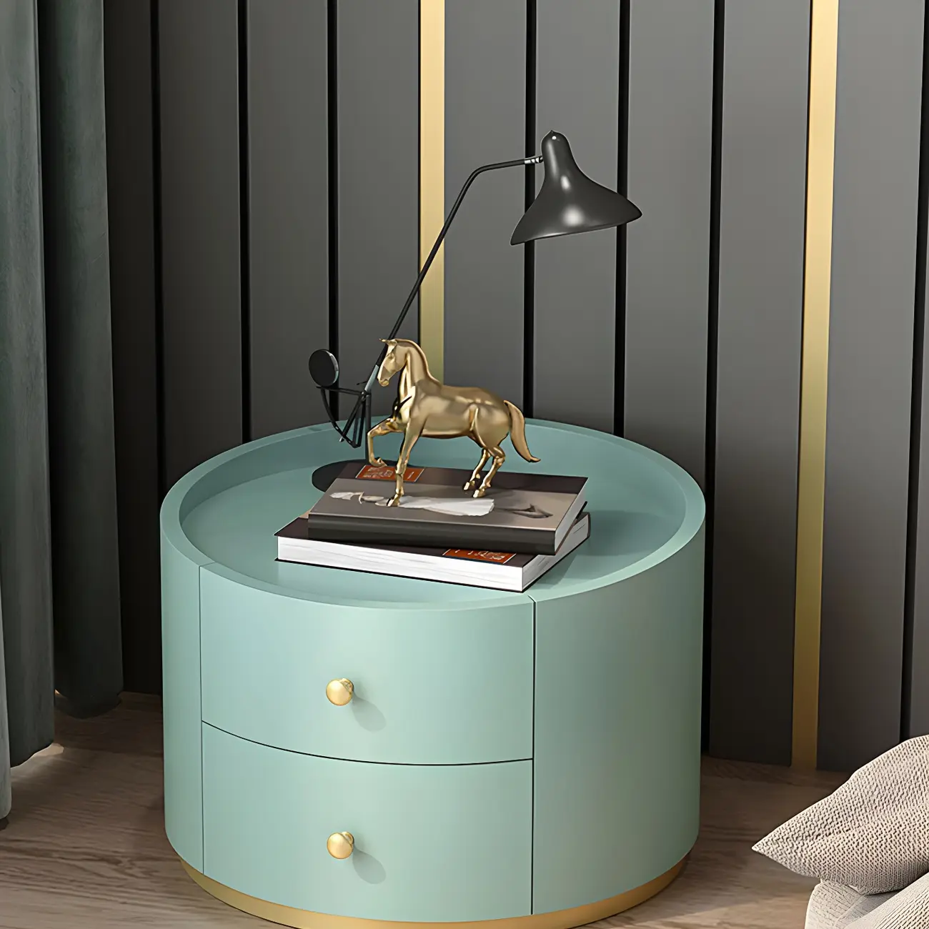 Glam Manufactured Wood Round 2-Drawer Nightstand Image - 6 | homeyfad