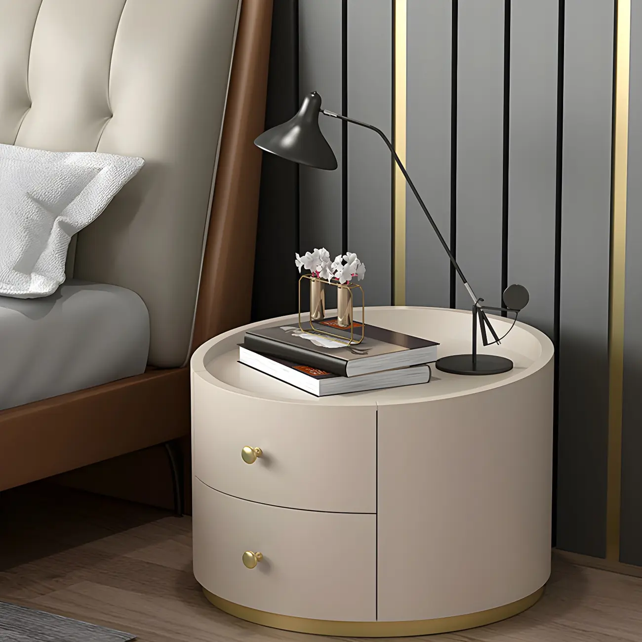 Glam Manufactured Wood Round 2-Drawer Nightstand Image - 7 | homeyfad