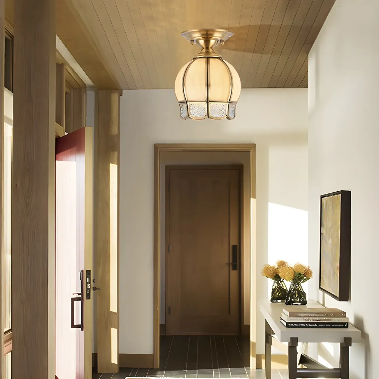 Colonial Dome Gold Glass Semi-Flush Mount Light Image - 2