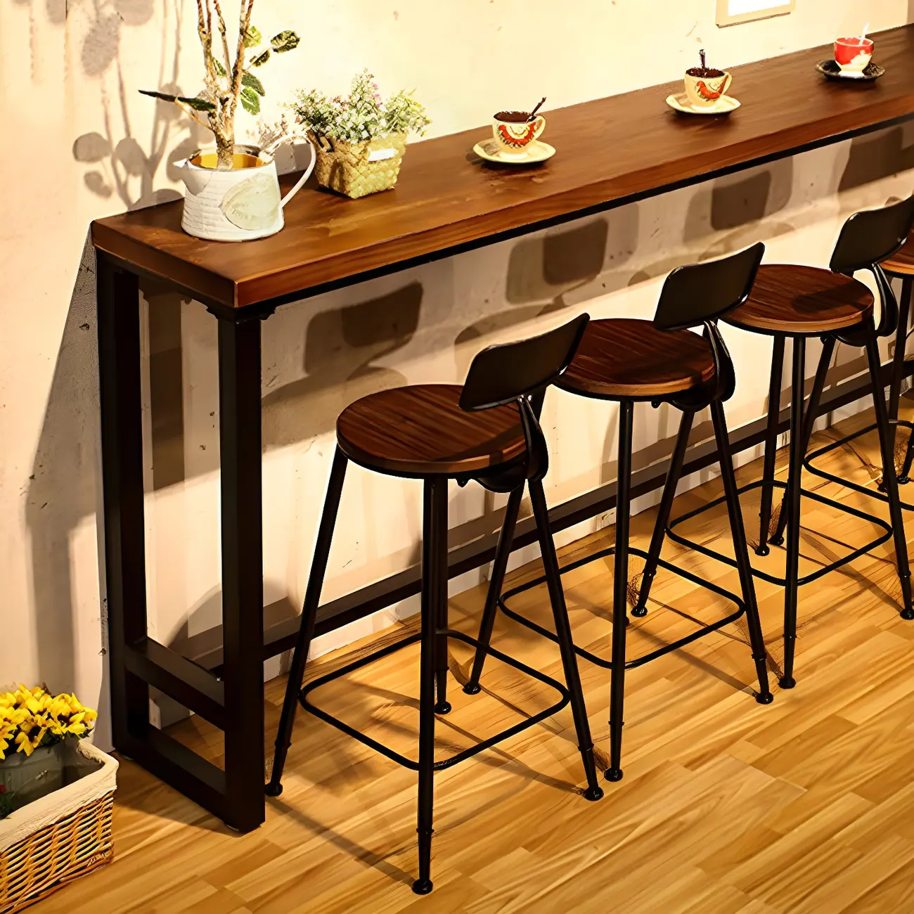Industrial Pine Wood Counter Table Set with 5 Stools Image - 3 | homeyfad