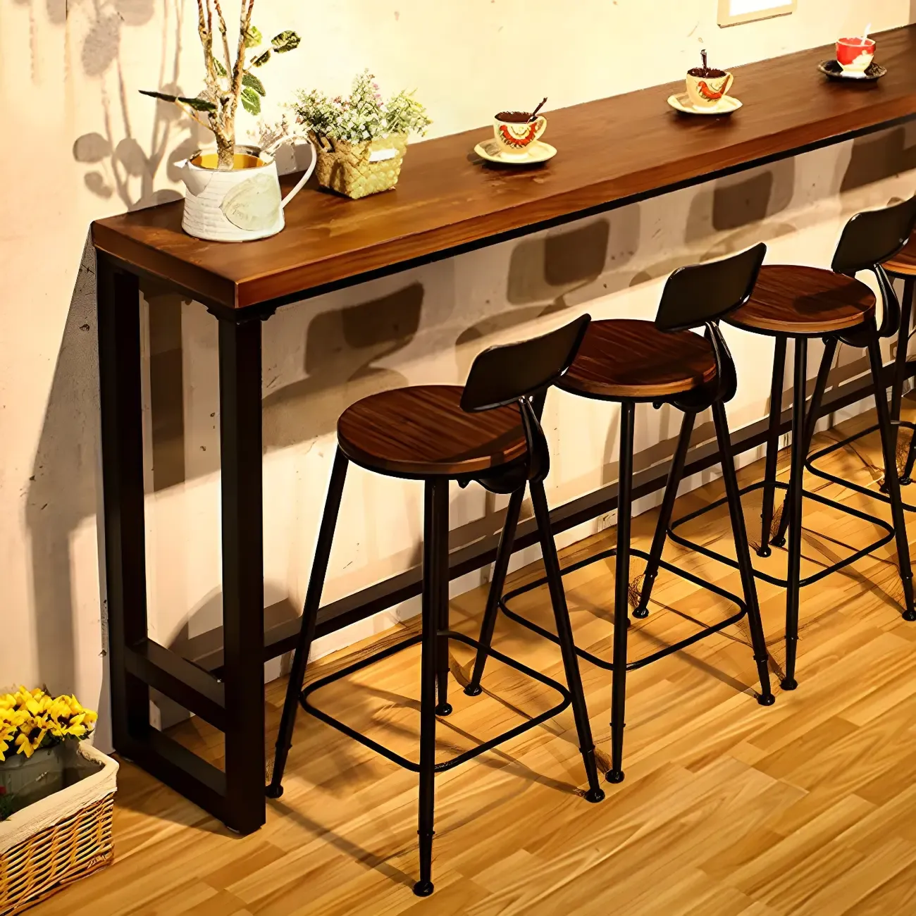 Industrial Pine Wood Counter Table Set with 5 Stools Image - 3