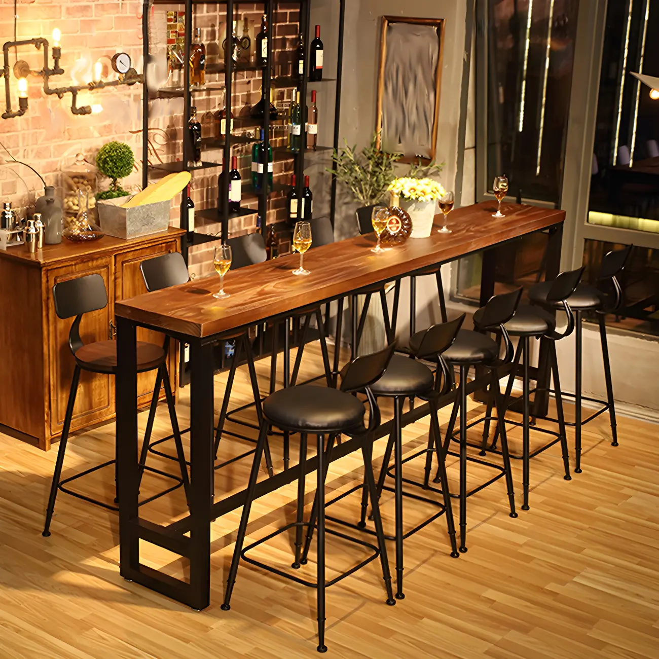 Industrial Pine Wood Counter Table Set with 5 Stools Image - 2 | homeyfad