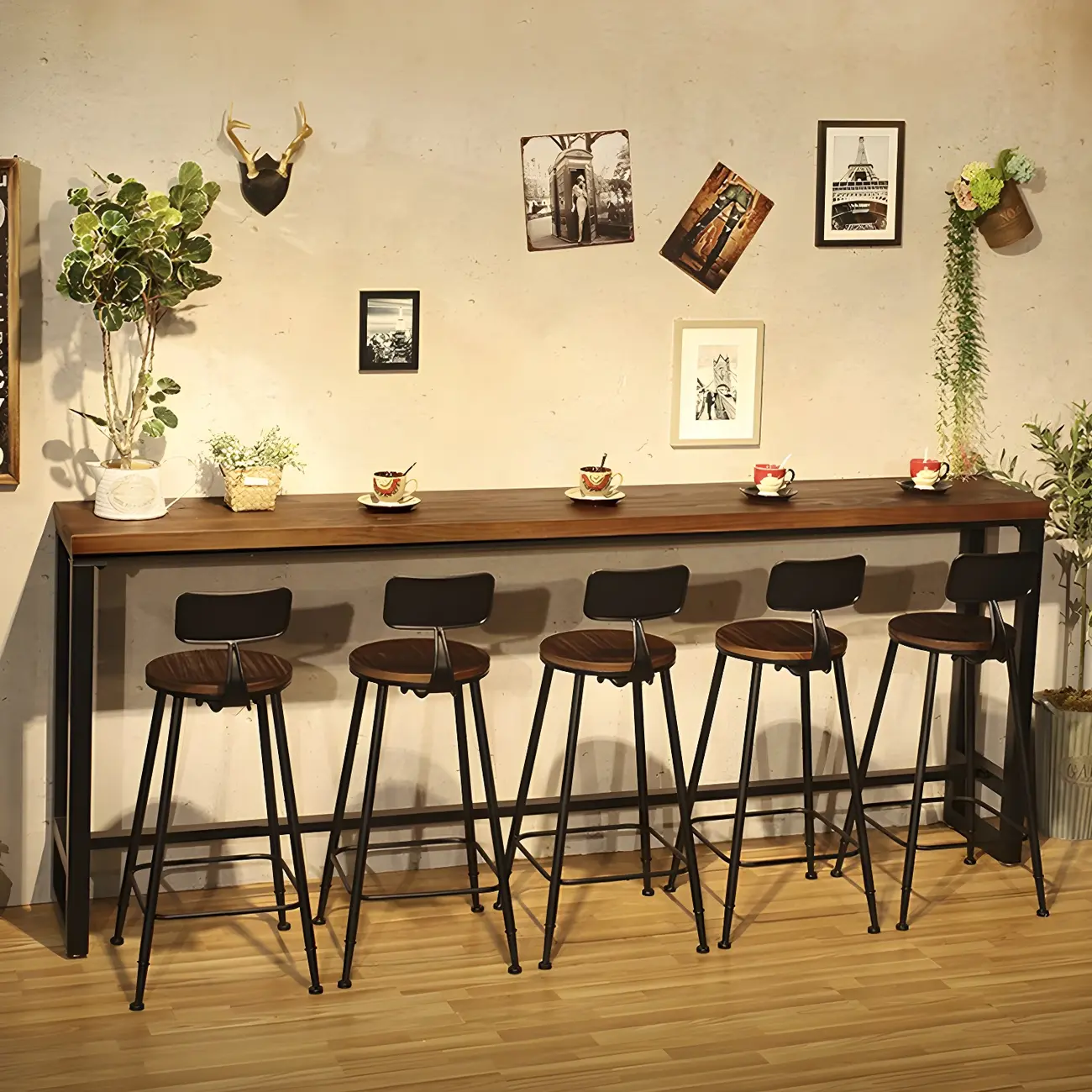 Industrial Pine Wood Counter Table Set with 5 Stools Image - 1 | homeyfad