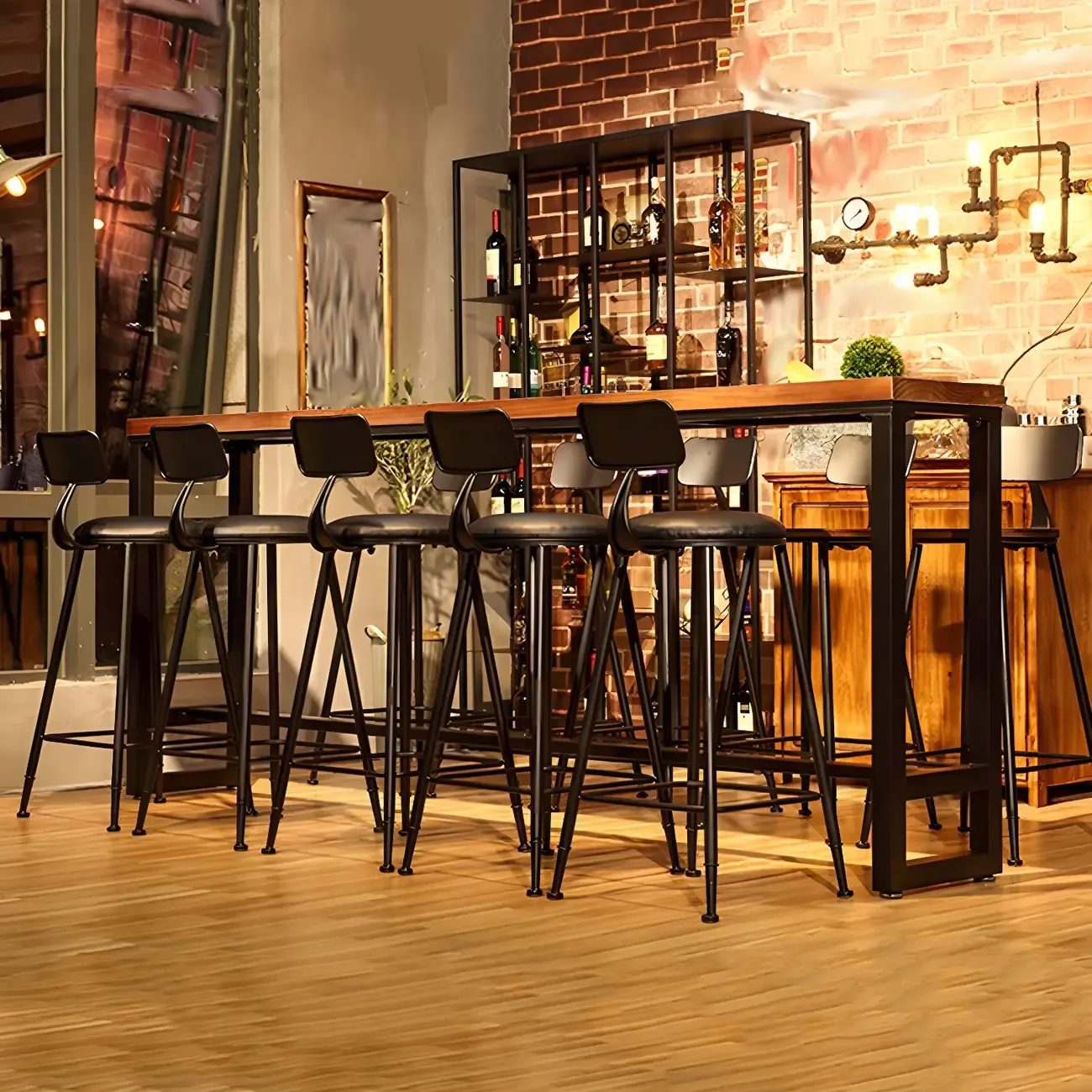 Industrial Pine Wood Counter Table Set with 5 Stools Image - 15