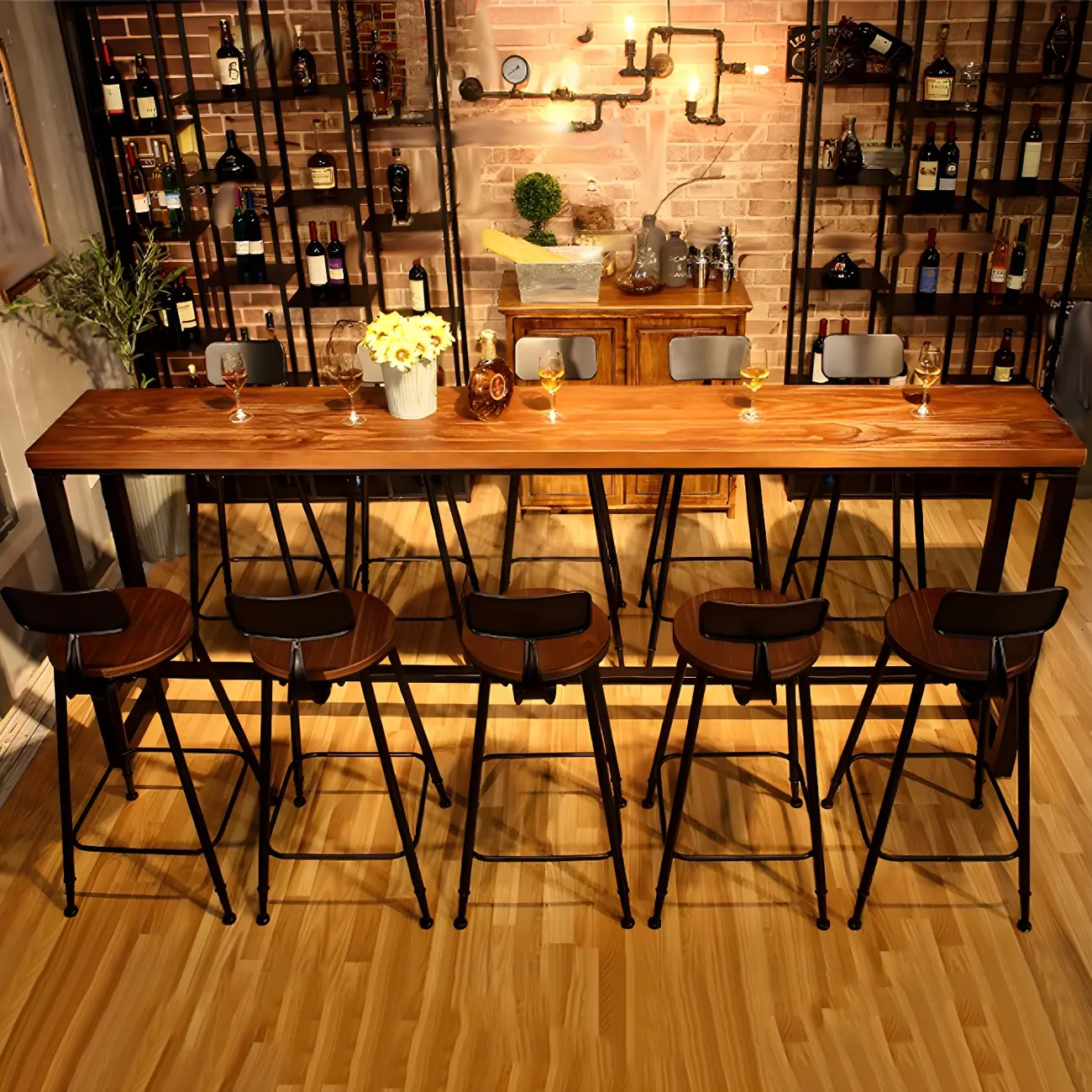 Industrial Pine Wood Counter Table Set with 5 Stools Image - 16 | homeyfad