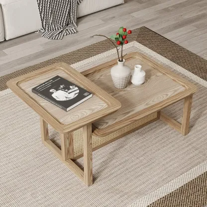 Coffee Table Set in Ash Wood and Rattan with Nesting Design Image - 1