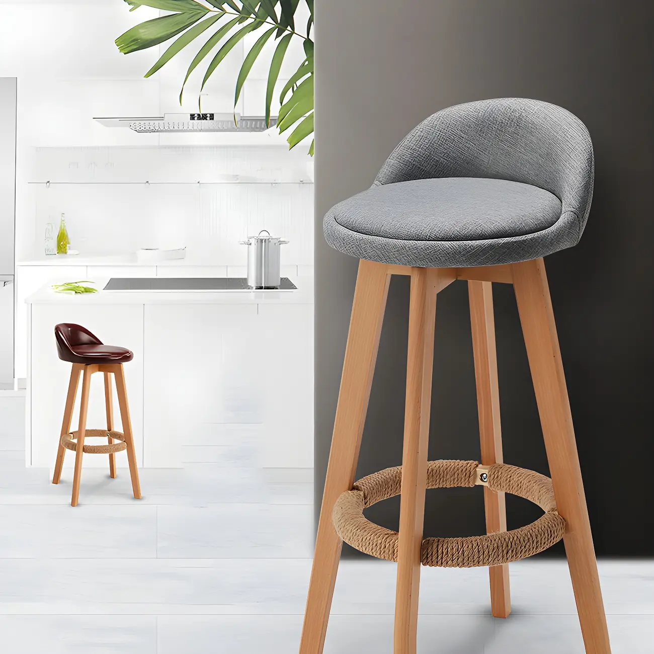 Modern Round Upholstered Wood Counter Height Bar Stool with Back | homeyfad