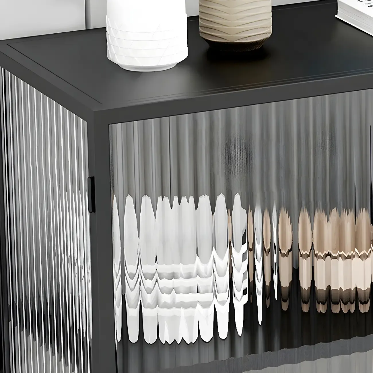 Sleek Black Metal Square Glass China Cabinet Image - 6