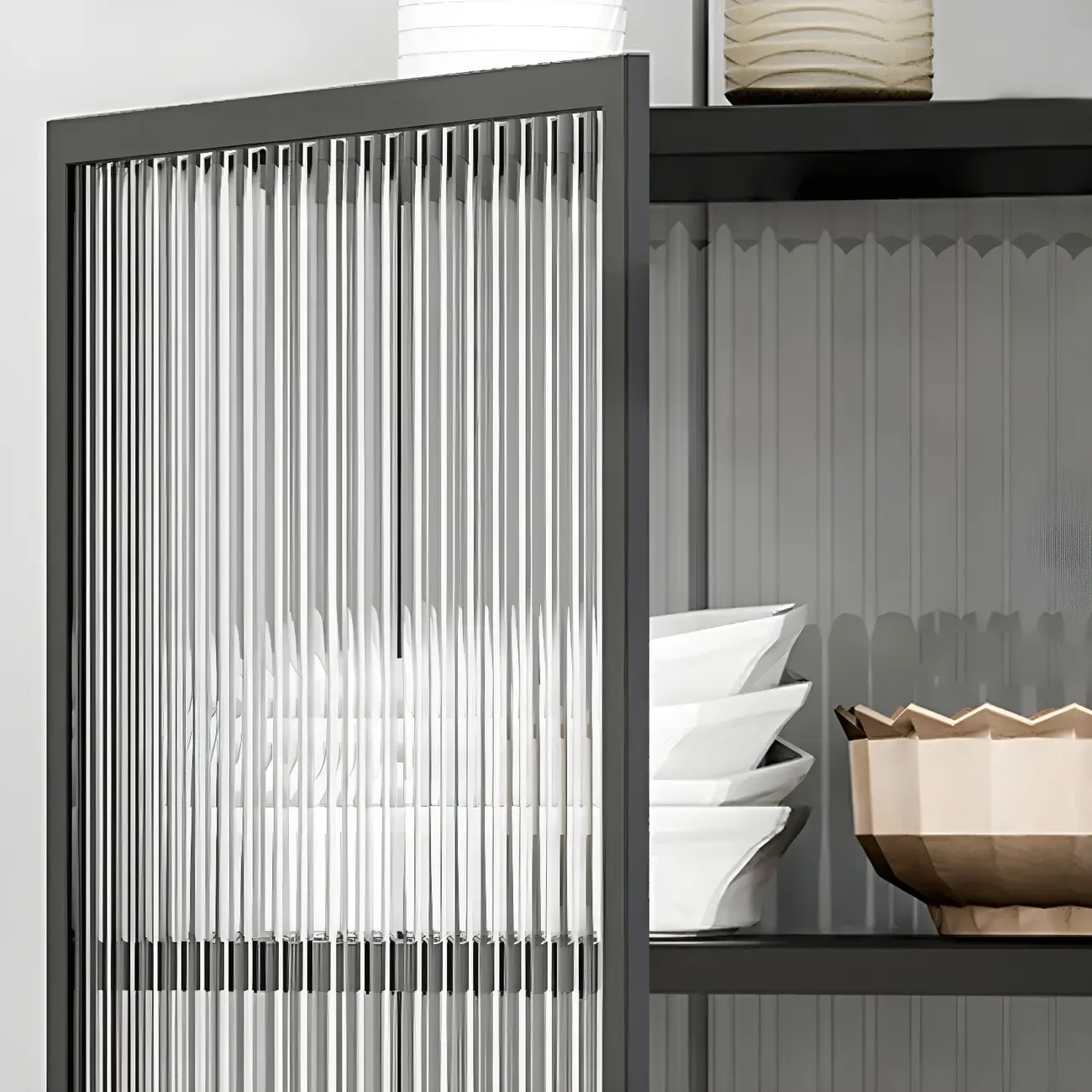 Sleek Black Metal Square Glass China Cabinet Image - 7