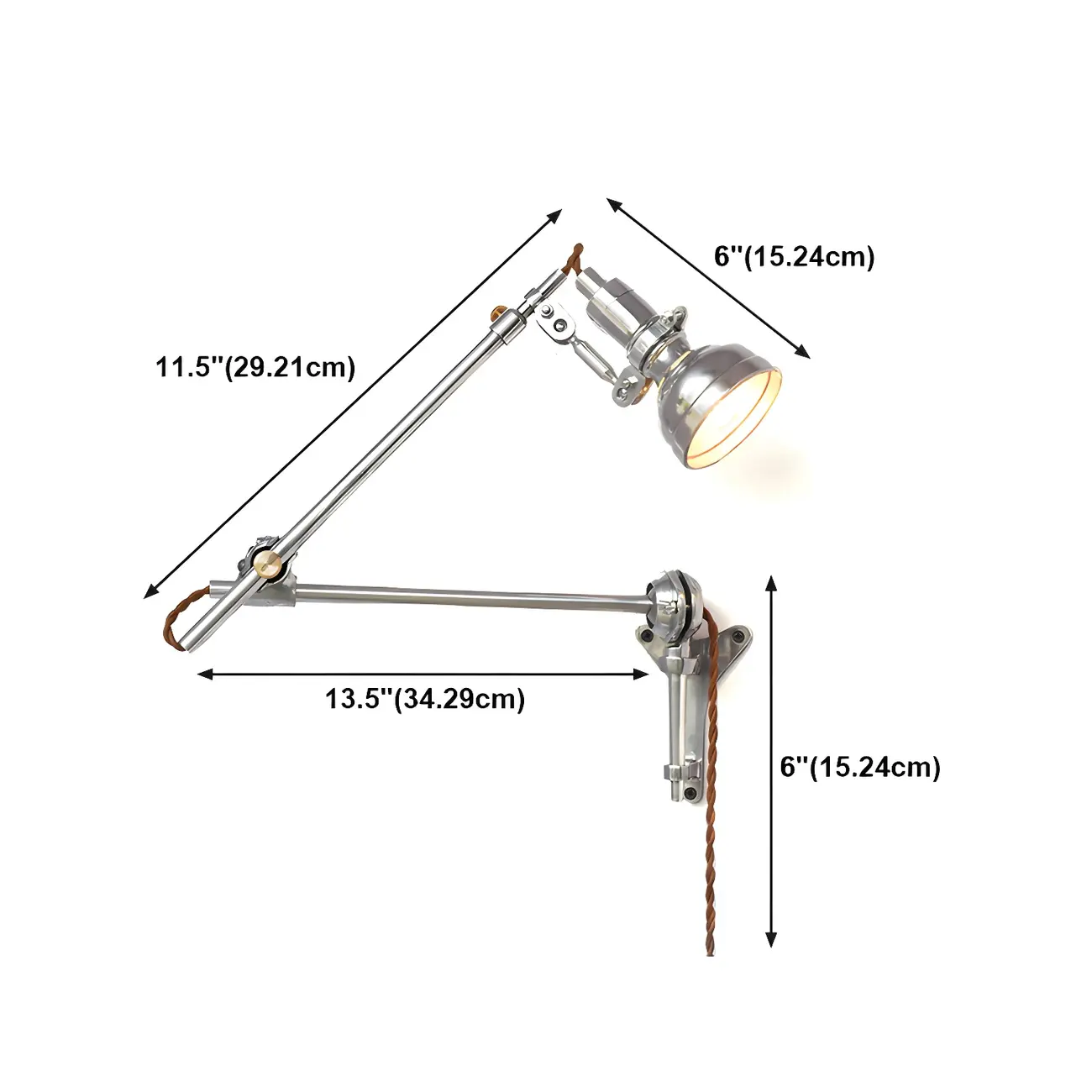 Silver Industrial Metal Adjustable Swing Arm Wall Light #size