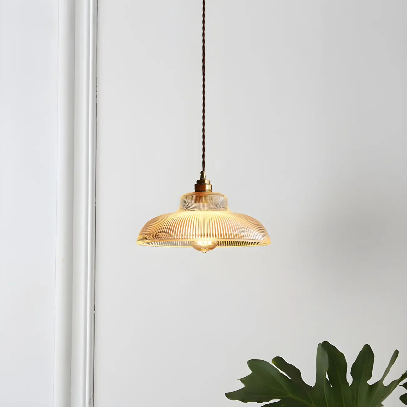 Industrial Adjustable Ribbed Glass Brass Bowl Pendant Light  Image - 3