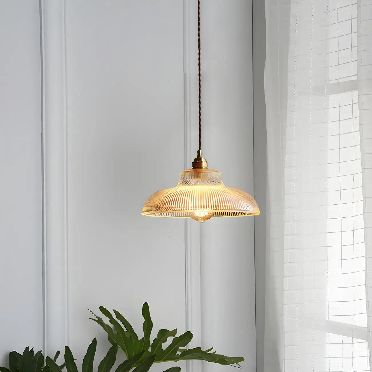 Industrial Adjustable Ribbed Glass Brass Bowl Pendant Light  Image - 4