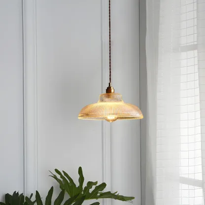 Industrial Adjustable Ribbed Glass Brass Bowl Pendant Light  Image - 4