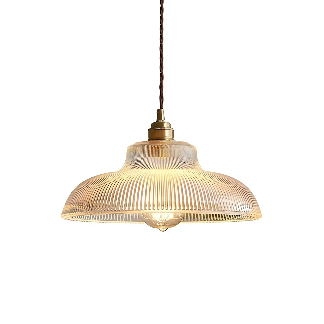 Industrial Adjustable Ribbed Glass Brass Bowl Pendant Light  Image - 5