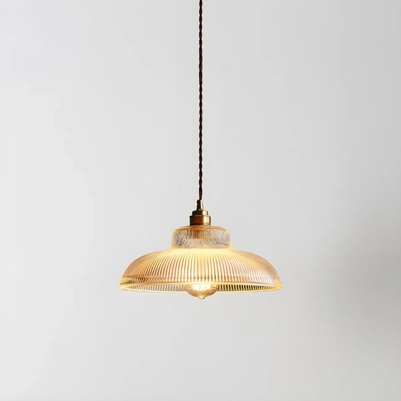 Industrial Adjustable Ribbed Glass Brass Bowl Pendant Light  Image - 7