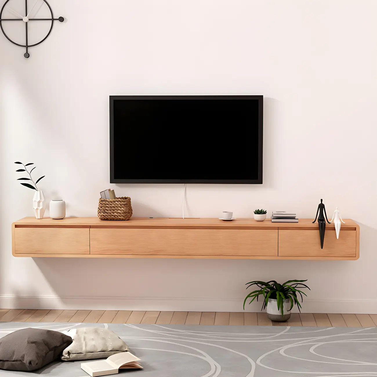 Scandinavian Wood Floating TV Stand with Cabinet  Image - 1 | homeyfad