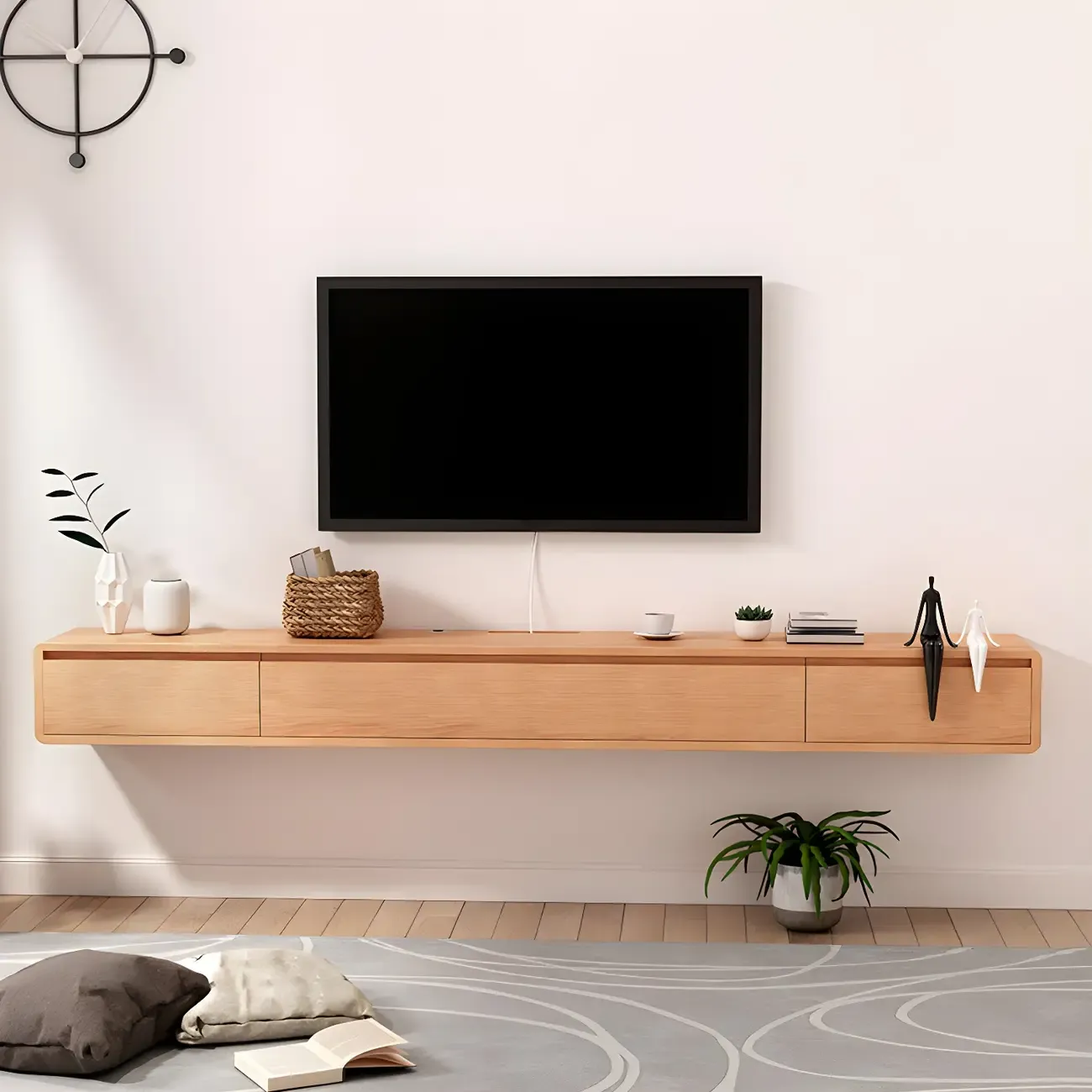 Scandinavian Wood Floating TV Stand with Cabinet  Image - 1