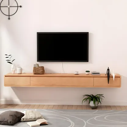 Scandinavian Wood Floating TV Stand with Cabinet  Image - 1