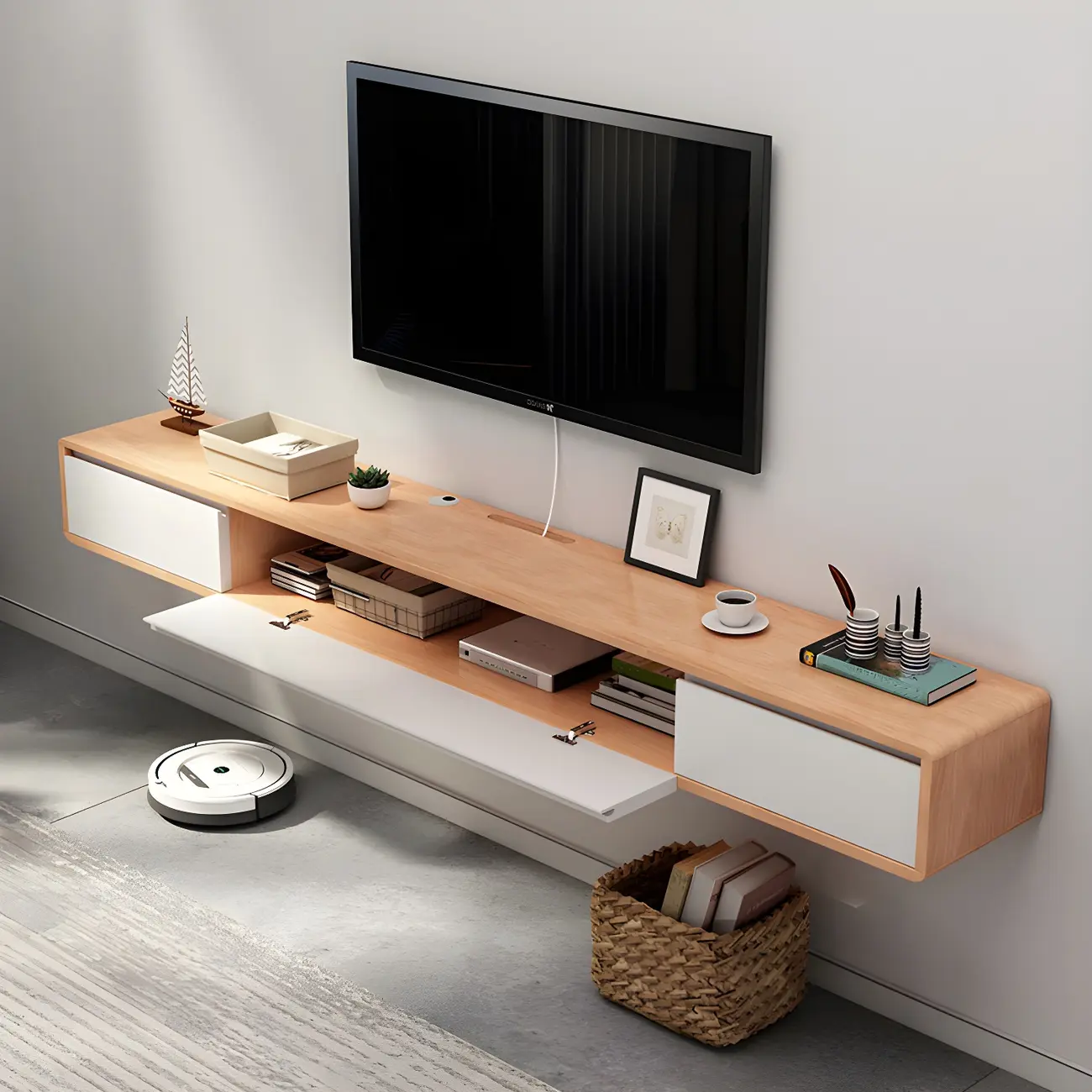 Scandinavian Wood Floating TV Stand with Cabinet  Image - 2 | homeyfad