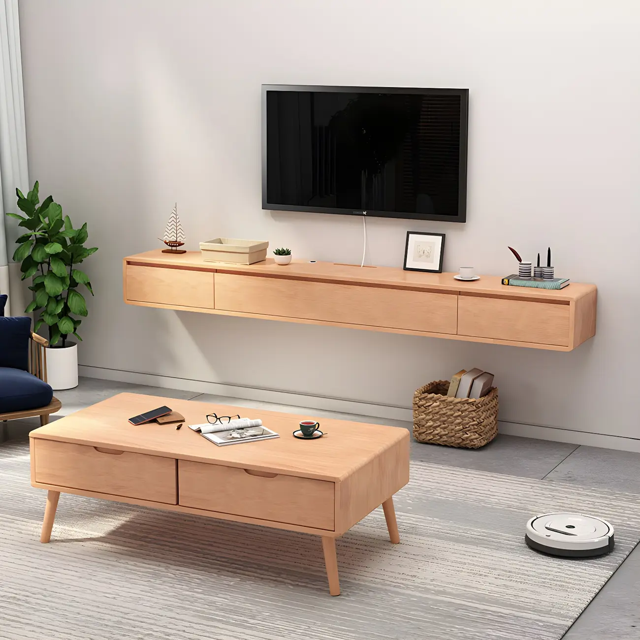Scandinavian Wood Floating TV Stand with Cabinet  Image - 7 | homeyfad