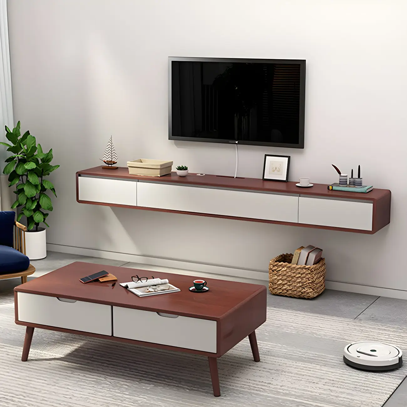 Scandinavian Wood Floating TV Stand with Cabinet  Image - 8 | homeyfad
