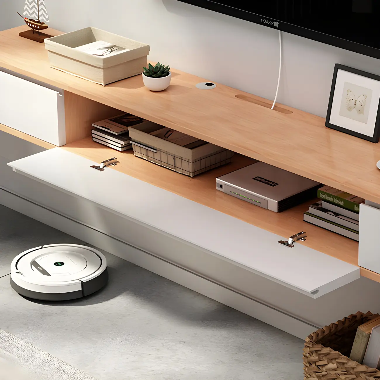 Scandinavian Wood Floating TV Stand with Cabinet  Image - 3 | homeyfad