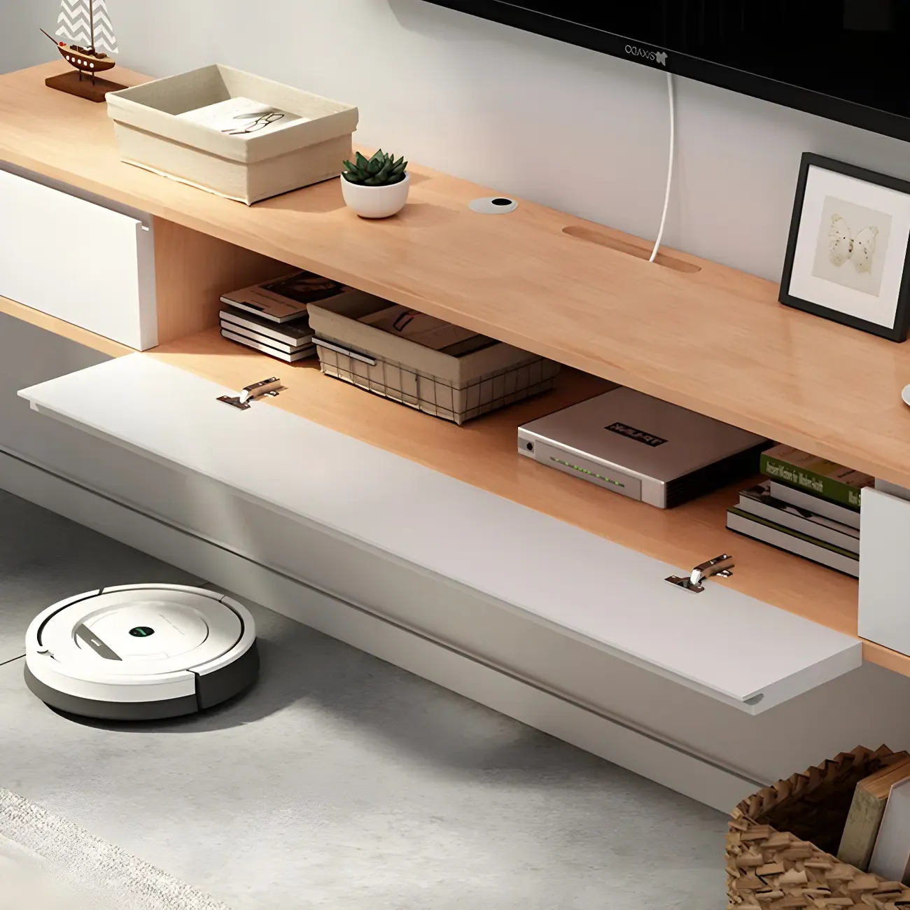 Scandinavian Wood Floating TV Stand with Cabinet  Image - 3