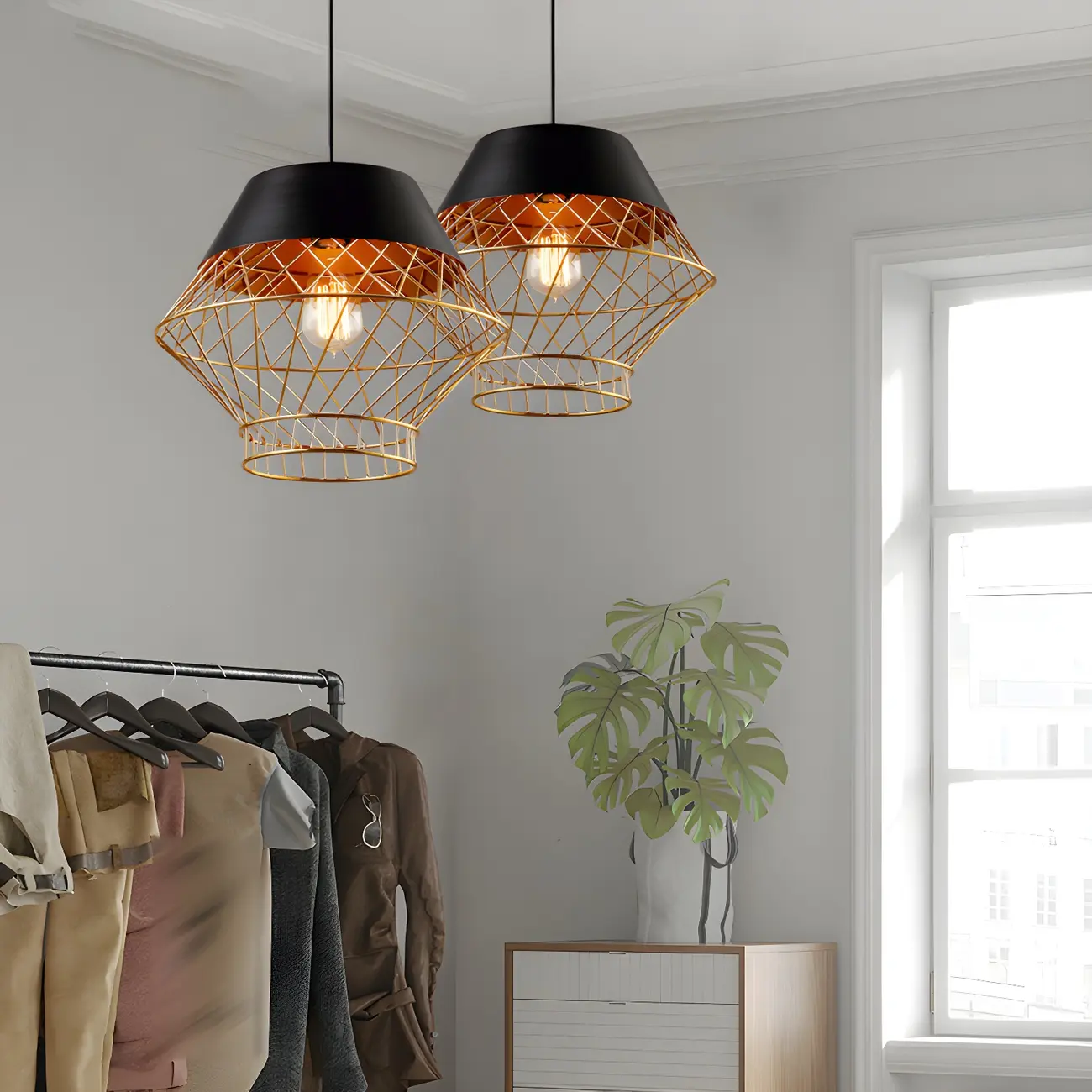Modern Jug Shaped Gold Caged Pendant Light for Kitchen Island Image - 2 | homeyfad