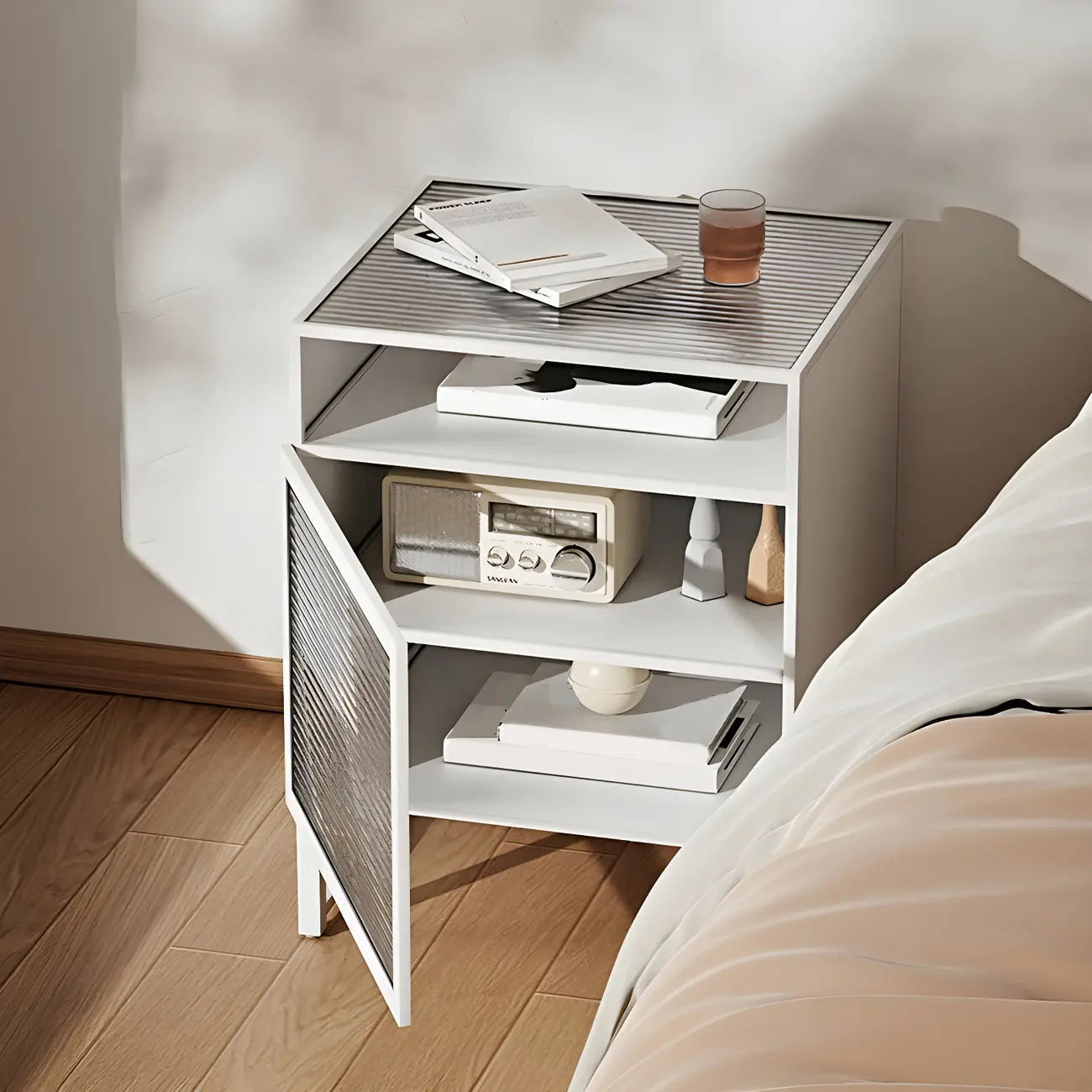 Minimalist Glass Iron Frame Modern Nightstand in White/Black Image - 1 | homeyfad