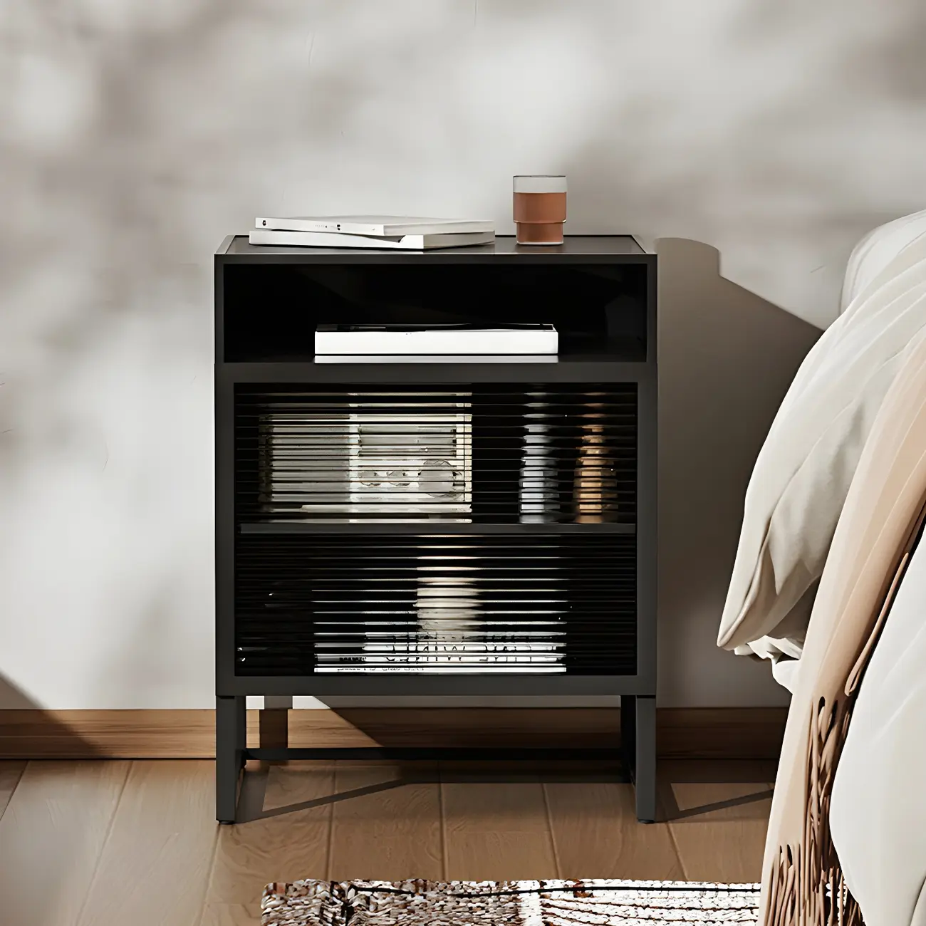 Minimalist Glass Iron Frame Modern Nightstand in White/Black Image - 2 | homeyfad