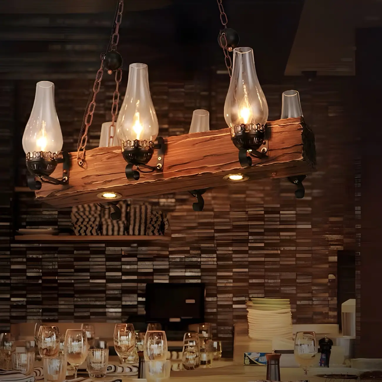 Industrial Rustic Wood Vintage Glass Rectangular Chandelier Image - 1 | homeyfad