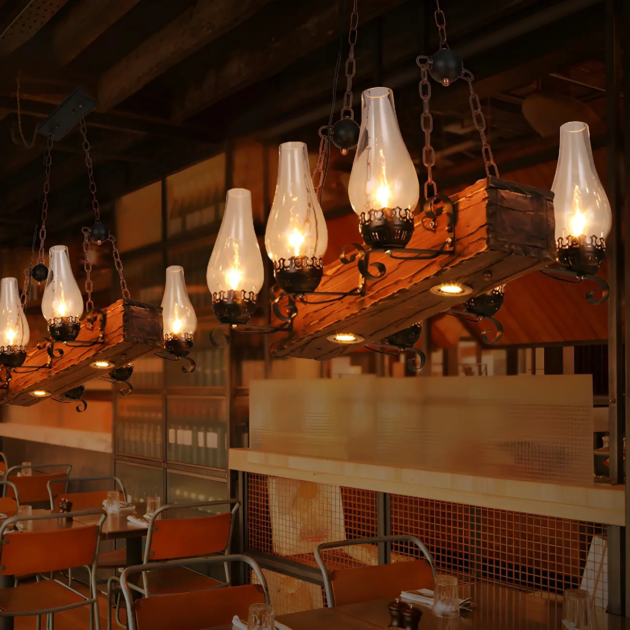 Industrial Rustic Wood Vintage Glass Rectangular Chandelier Image - 2 | homeyfad