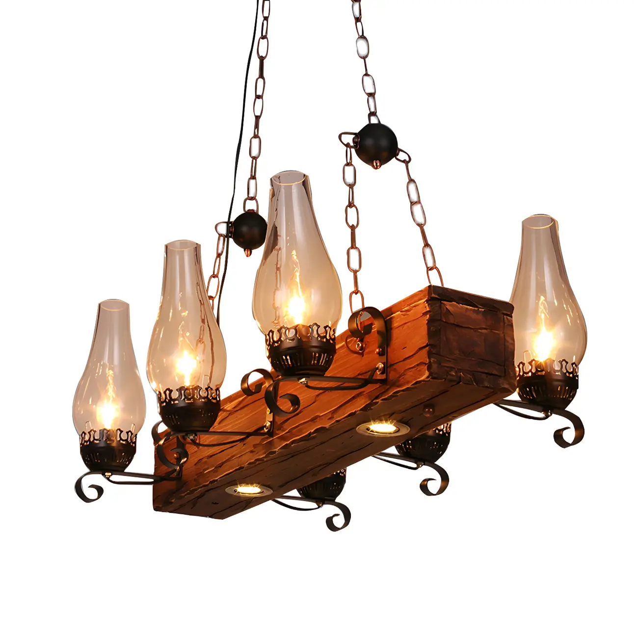Industrial Rustic Wood Vintage Glass Rectangular Chandelier Image - 5 | homeyfad