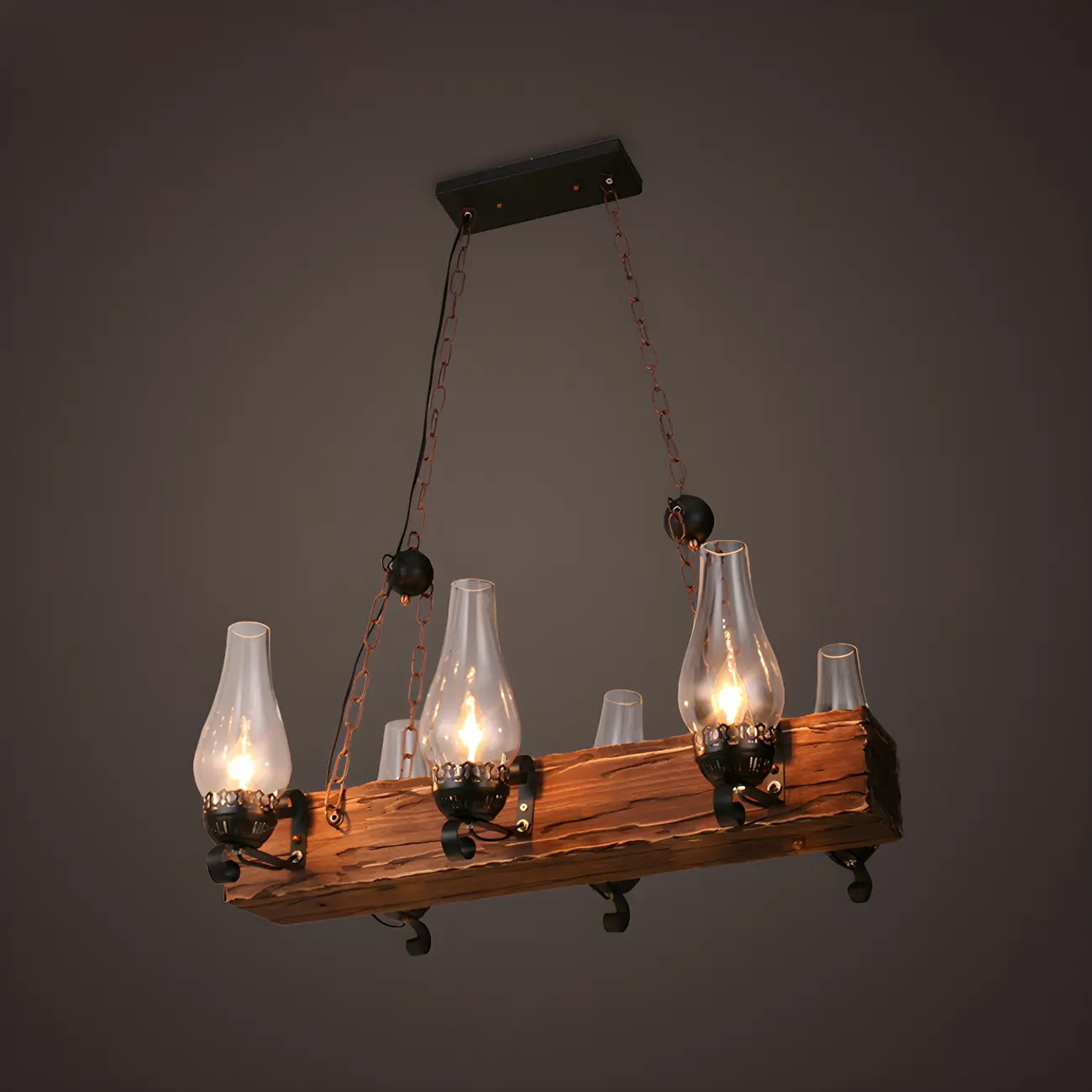 Industrial Rustic Wood Vintage Glass Rectangular Chandelier Image - 8 | homeyfad