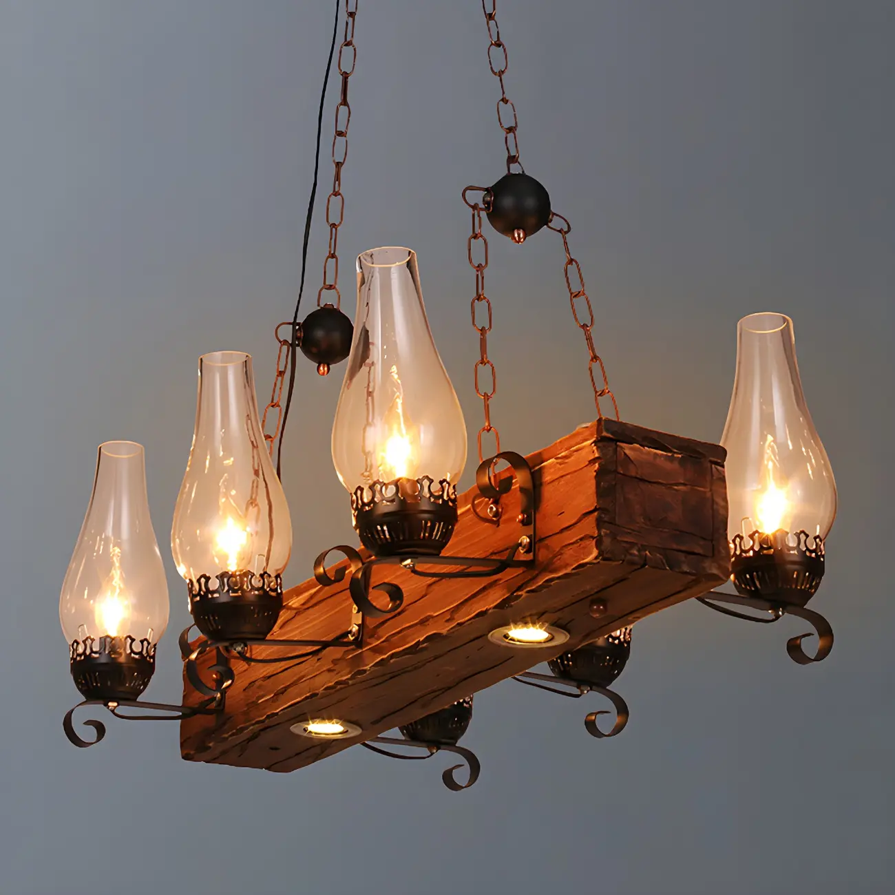Industrial Rustic Wood Vintage Glass Rectangular Chandelier Image - 10 | homeyfad