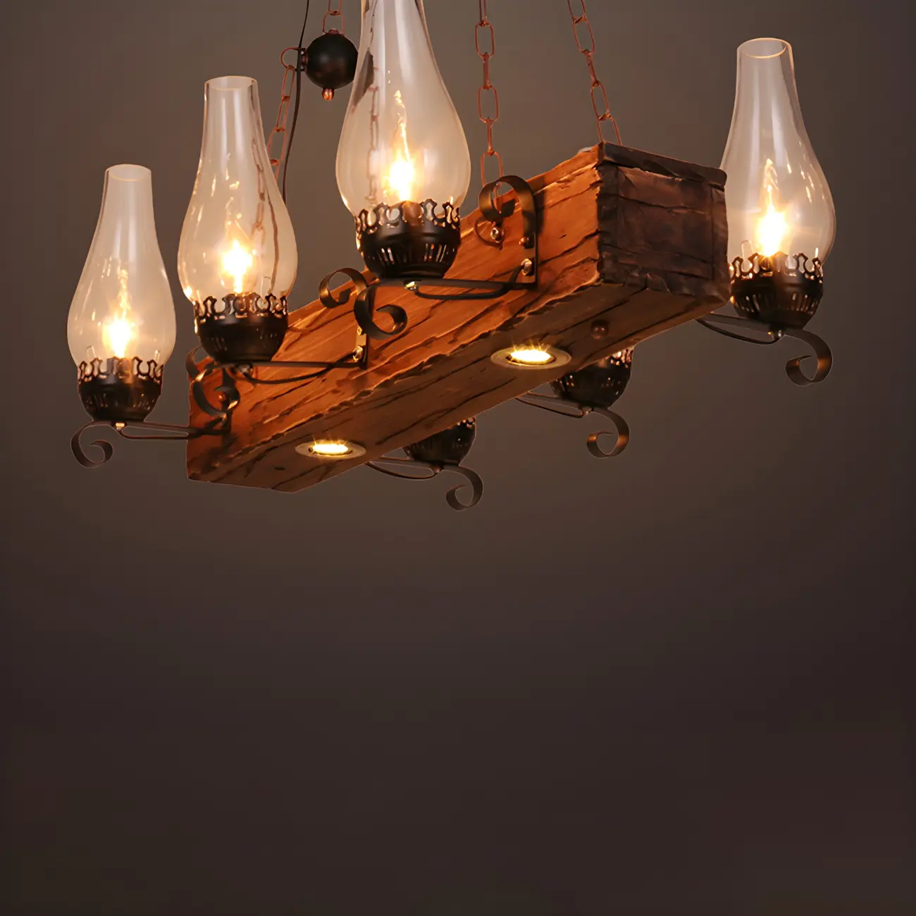 Industrial Rustic Wood Vintage Glass Rectangular Chandelier Image - 12 | homeyfad