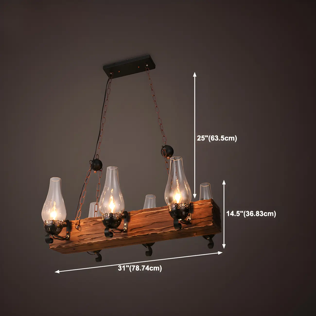 Industrial Rustic Wood Vintage Glass Rectangular Chandelier #size