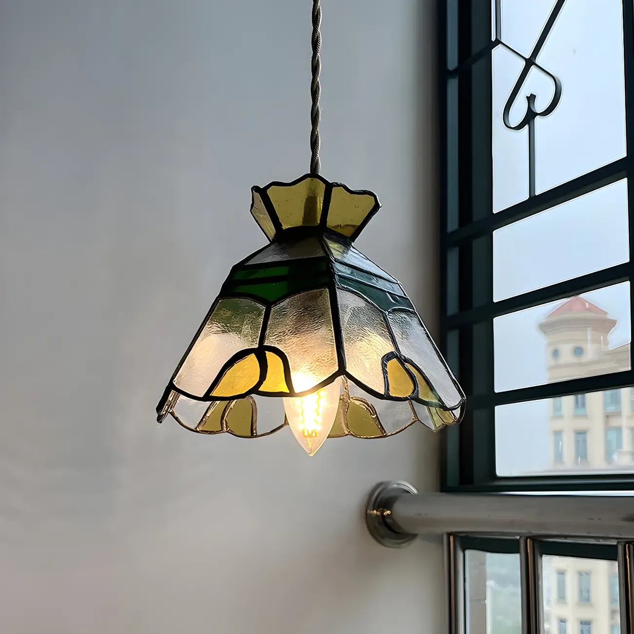 Floral Stained Glass Brass Pendant Light Adjustable Height Image - 2