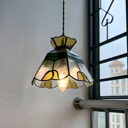 Floral Stained Glass Brass Pendant Light Adjustable Height Image - 2