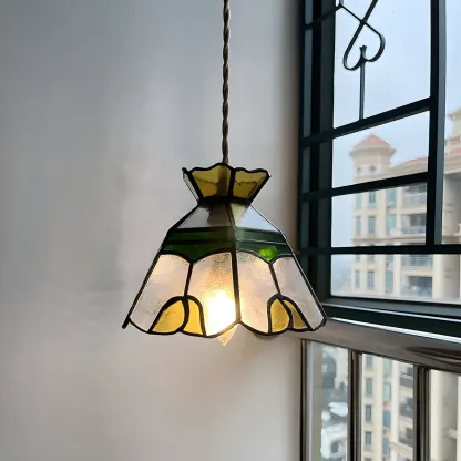 Floral Stained Glass Brass Pendant Light Adjustable Height Image - 3