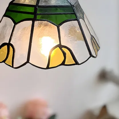 Floral Stained Glass Brass Pendant Light Adjustable Height Image - 4