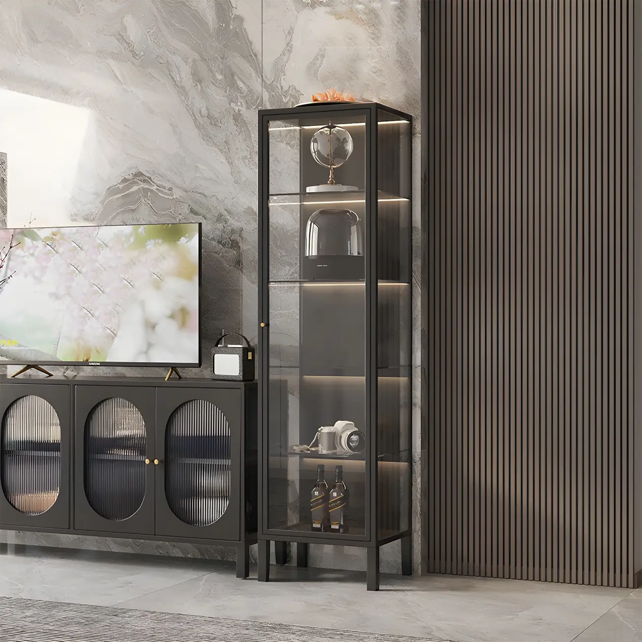 Elegant Metal Black Glass Door Curio Display Cabinet Image - 5 | homeyfad