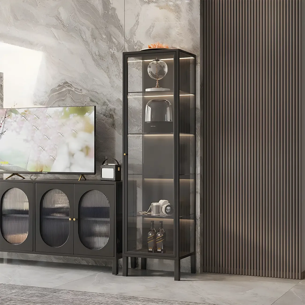 Elegant Metal Black Glass Door Curio Display Cabinet Image - 5