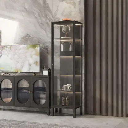 Elegant Metal Black Glass Door Curio Display Cabinet Image - 5